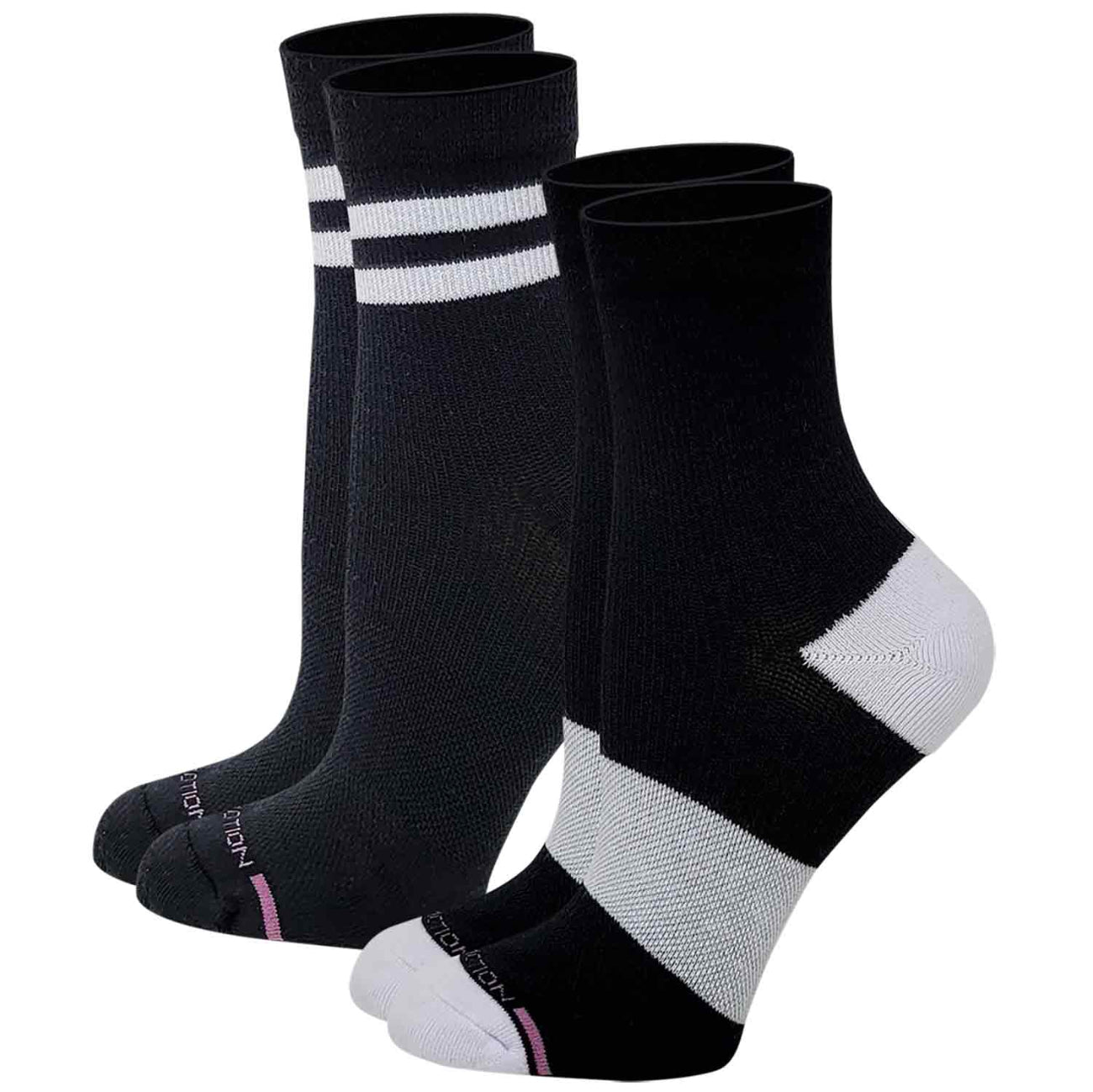 A pair of black Dr Motion compression socks with white accents on the cuffs and a pink logo on the toes.