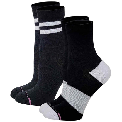 A pair of black Dr Motion compression socks with white accents on the cuffs and a pink logo on the toes.