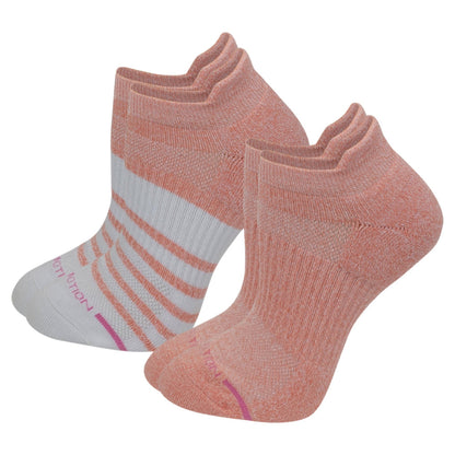 A pair of coral striped ankle compression socks designed for medical or therapeutic use, with visible brand marking.