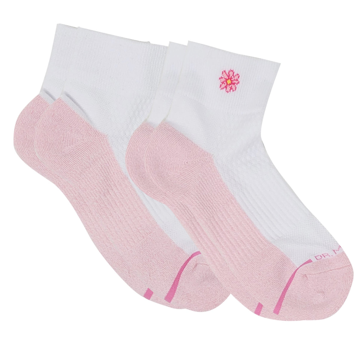 Pair of pink and white Quarter Compression socks with a logo on a white background