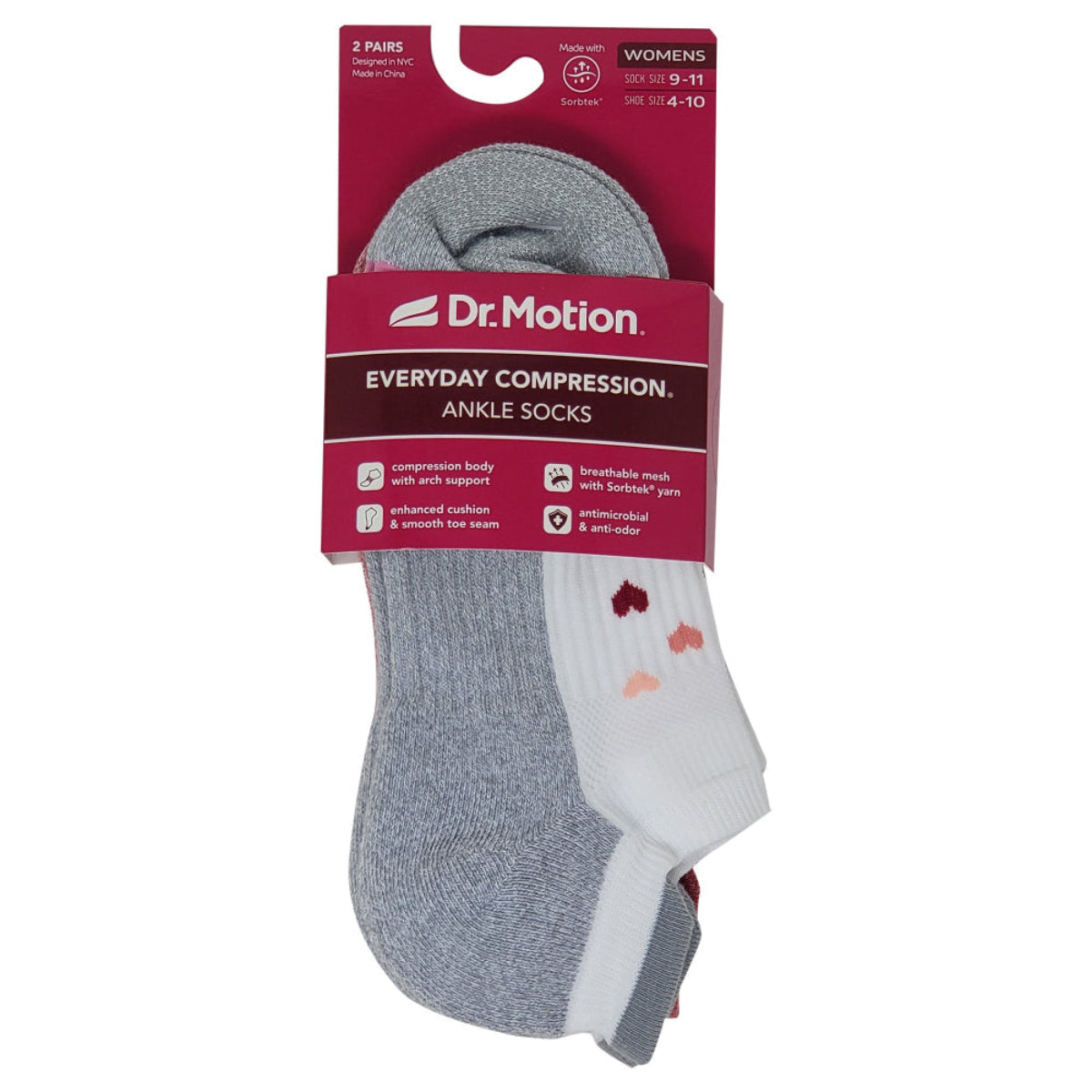 Packaged gray and white ankle socks with branding on a white background.