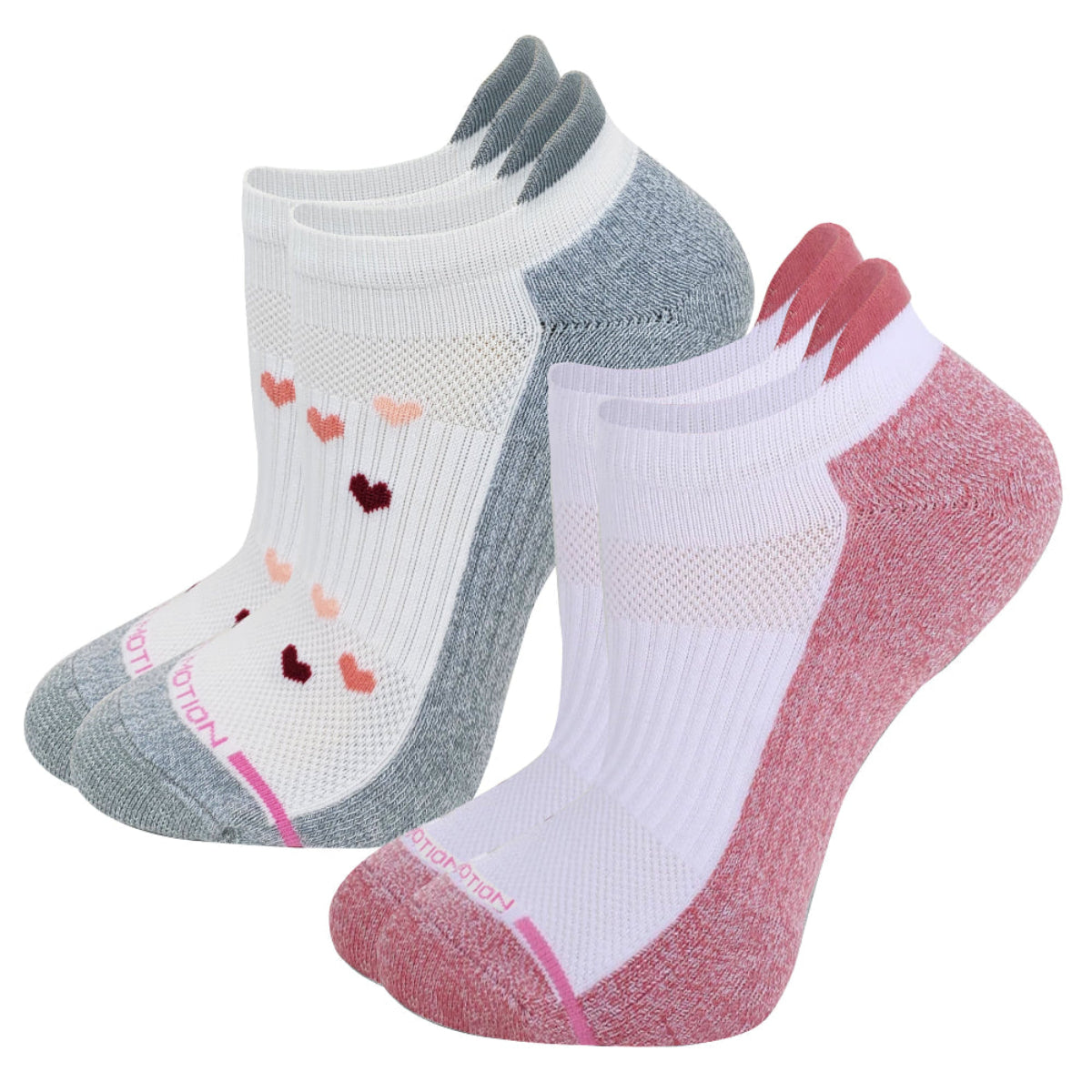 Two pairs of women's Ankle Compression Socks with heart patterns on a white background.