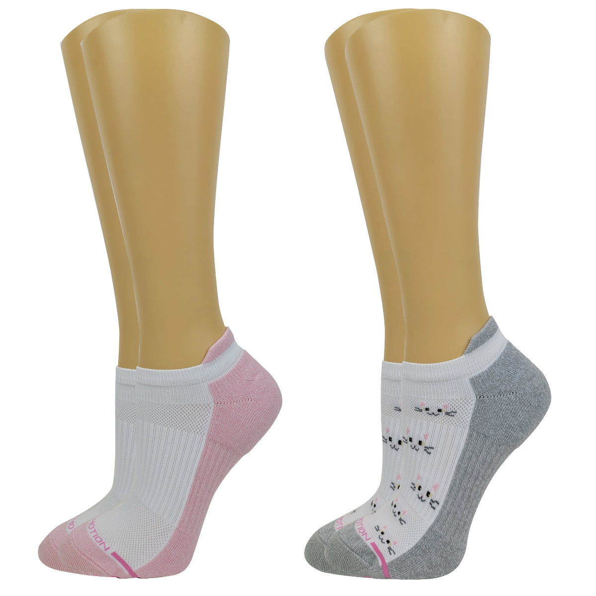 Two pairs of Dr. Motion Ankle compression socks on mannequin legs against a white background