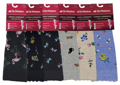 Knee High Compression Socks | Dr. Motion Assorted Novelty Colors | Women (6 Pairs)