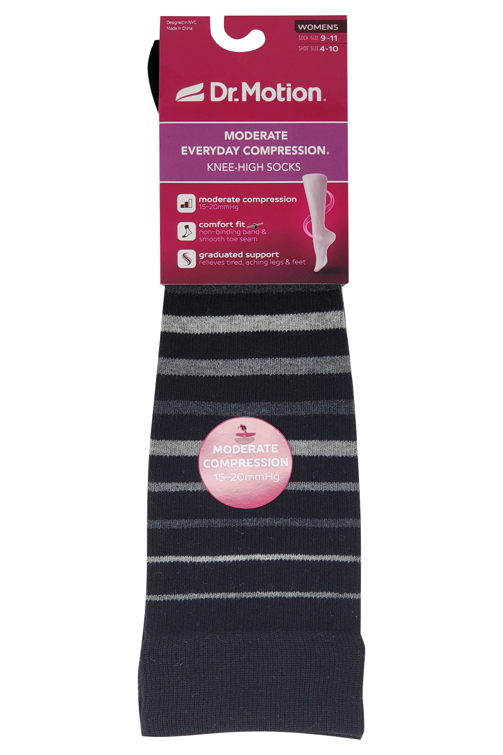 A pair of striped Dr. Motion compression knee high socks for women displayed on a retail packaging card.