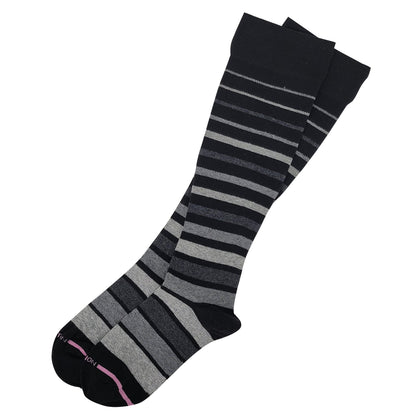 Women’s striped knee-high compression socks with 15–20 mmHg support, breathable cotton blend, and non-binding comfort band