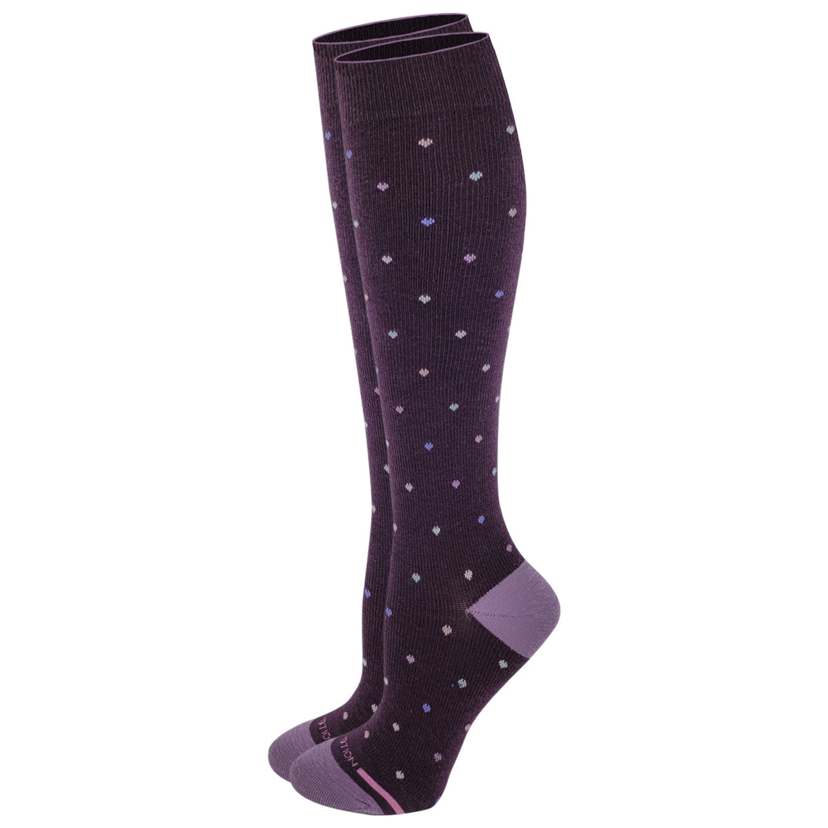 Knee-high sock with purple and white polka dot pattern on a white background