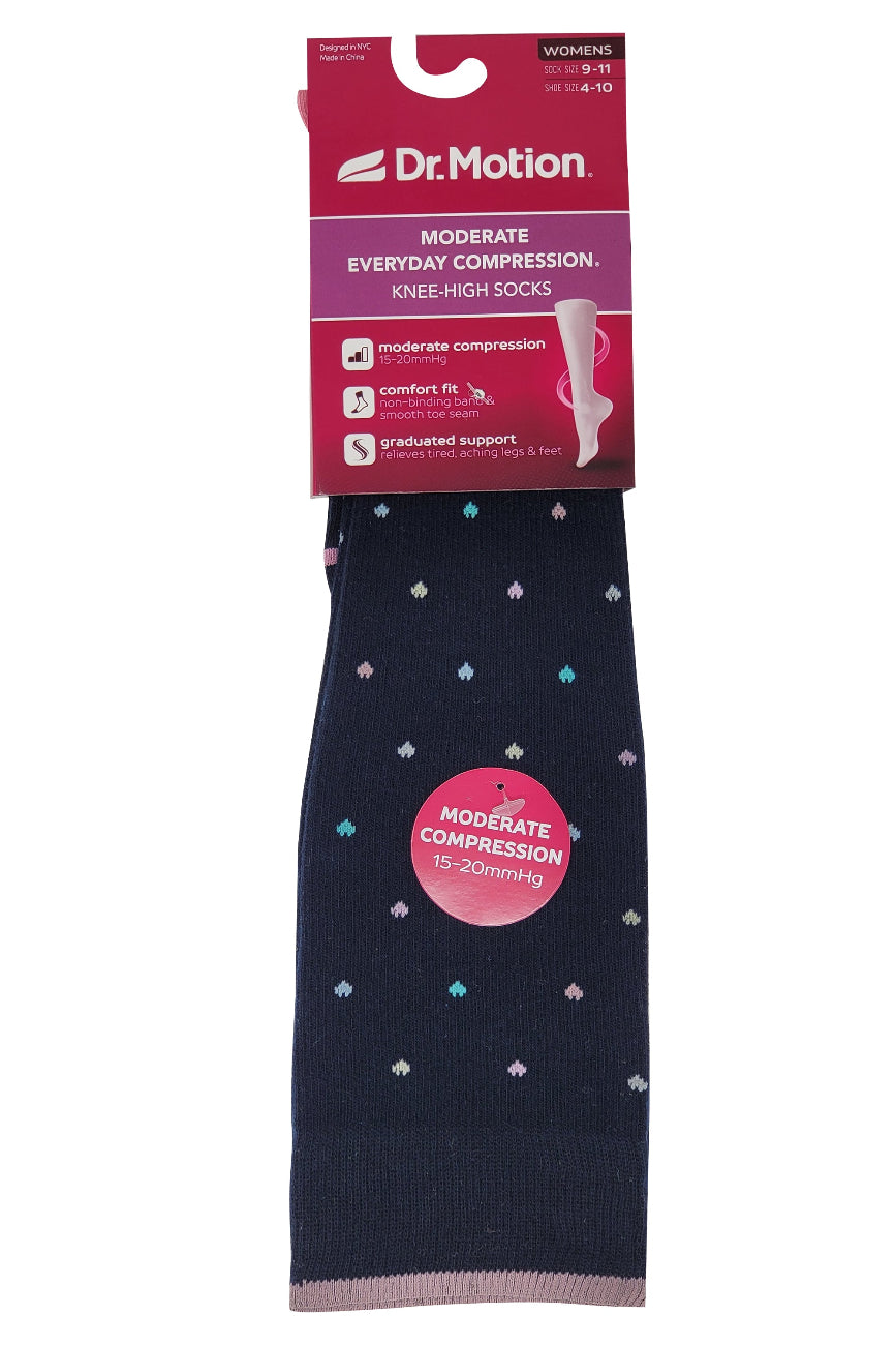 Dr. Motion knee-high socks with packaging on a white background