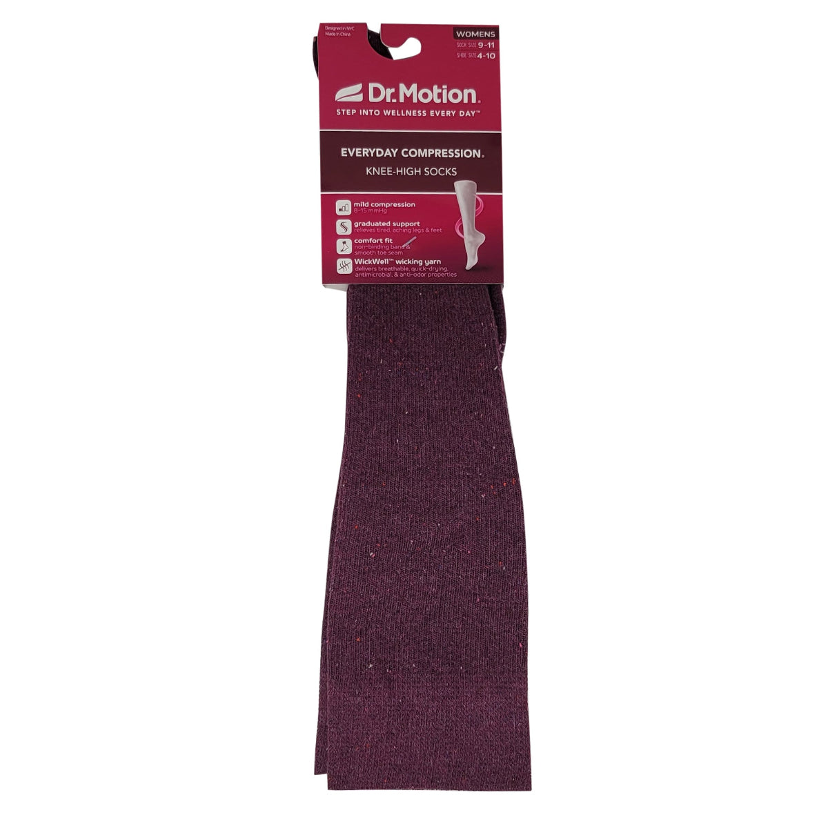 Maroon compression sock with Dr. Motion packaging on a white background