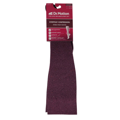 Maroon compression sock with Dr. Motion packaging on a white background