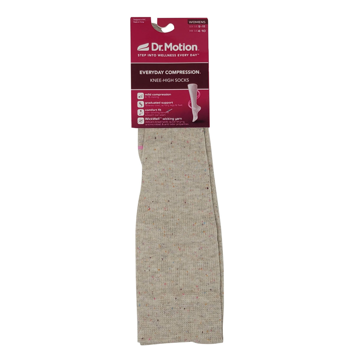 Dr. Motion knee-high socks with packaging on a white background