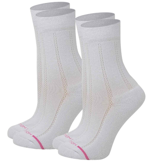 A pair of white dr. motion crew diabetic socks with a textured column design and half-cushion, showing the heel and toe areas.