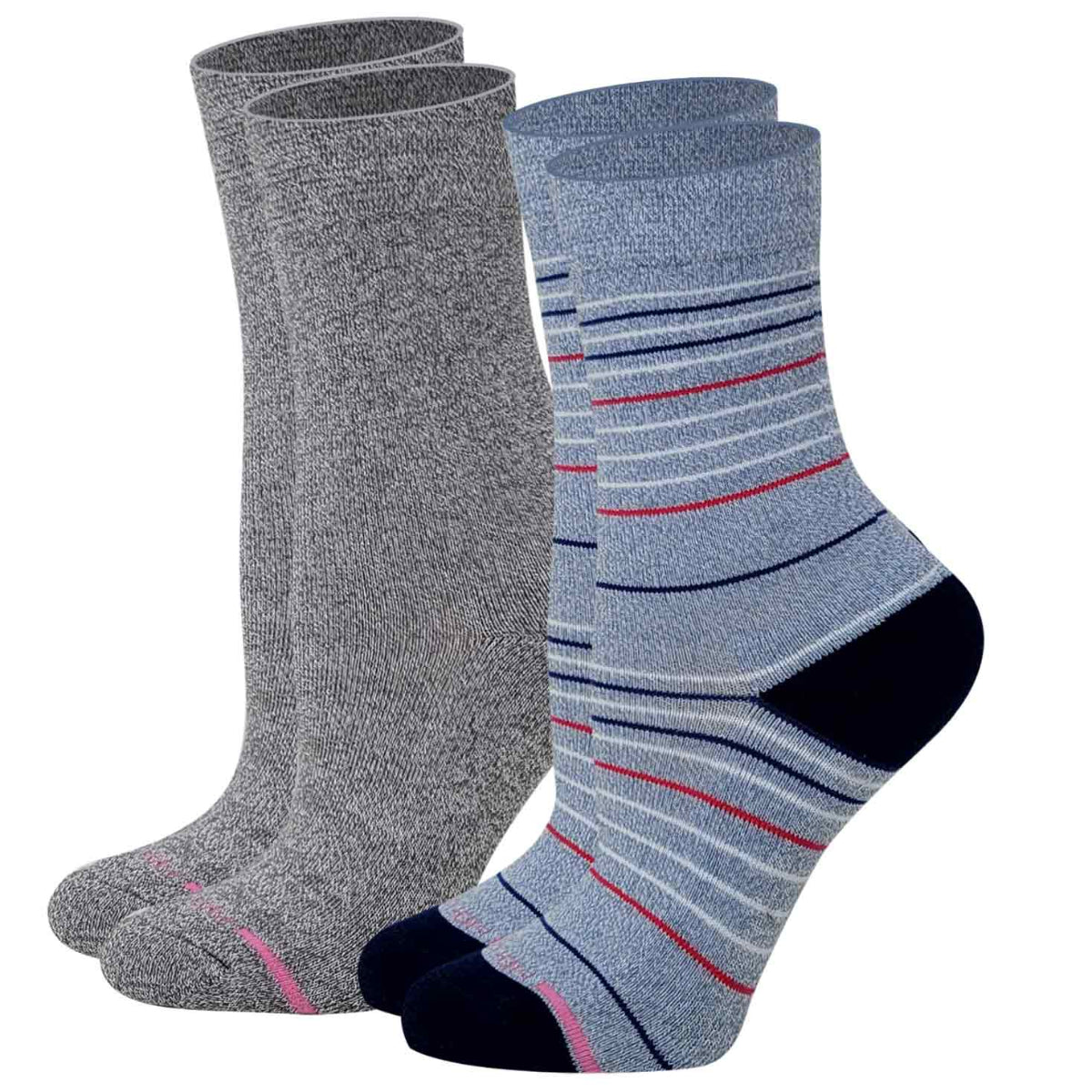 Two packs of Dr. Motion crew socks, one with a solid gray color and the other with a striped pattern, both featuring pink and navy accents.