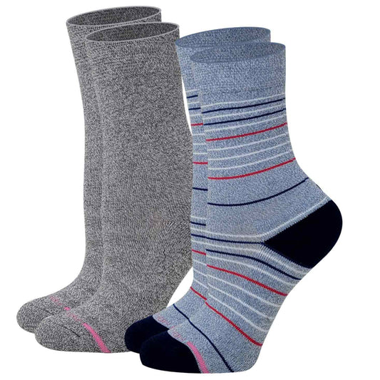 Two packs of Dr. Motion crew socks, one with a solid gray color and the other with a striped pattern, both featuring pink and navy accents.