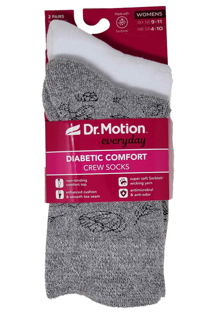 Women wearing Dr. Motion floral diabetic crew socks with non-binding top and cushioned sole