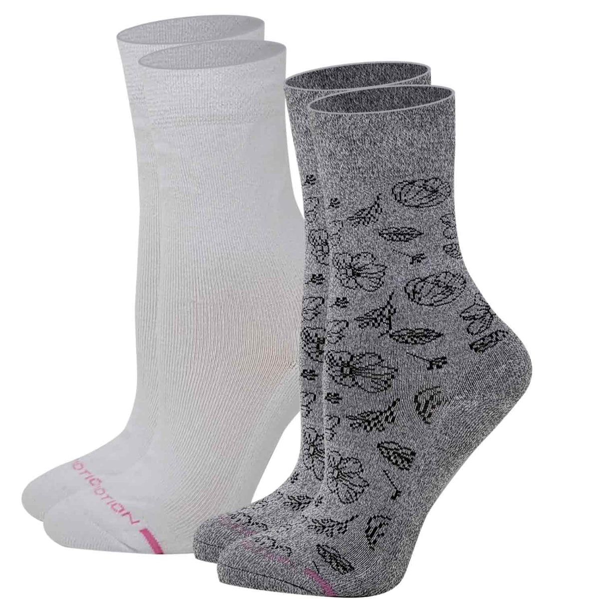 Women’s crew diabetic socks with floral outline design and half-cushion comfort