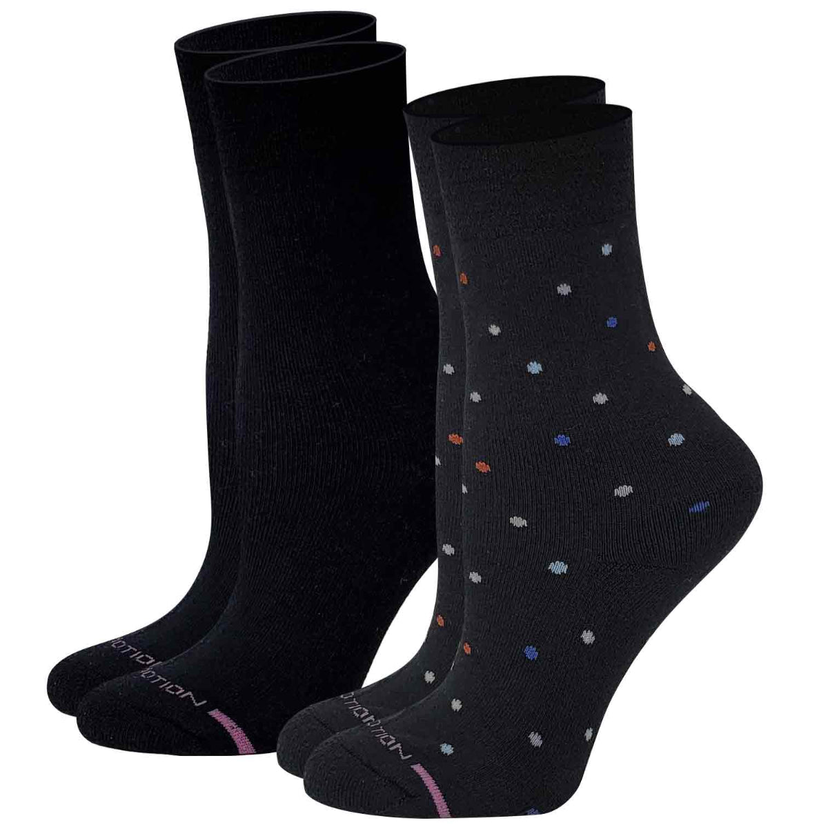 Two pairs of black dr motion mid crew socks, one plain and one with colorful dots, on a white background.