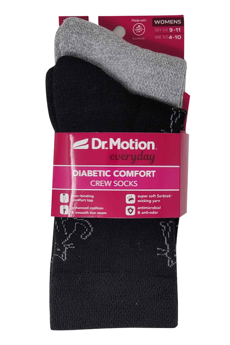 Close-up of Dr Motion diabetic socks showing non-binding cuff, half-cushion sole, and soft breathable fabric