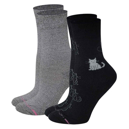 Two pairs of crew socks, one gray and one black with a pattern of kittens and cat silhouettes in white.