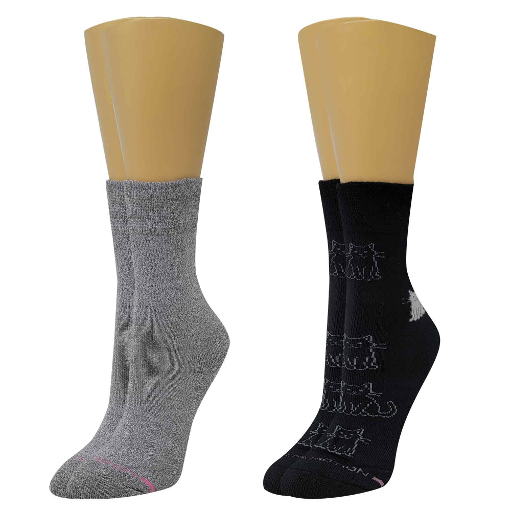 Crew diabetic socks for women with kittens design, Dr Motion non-binding half-cushion socks for sensitive feet