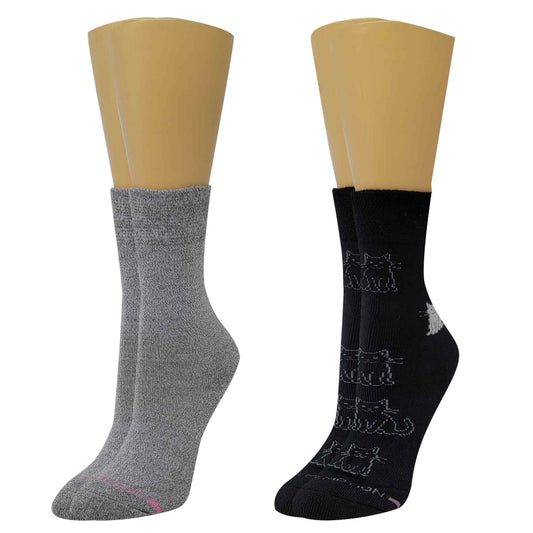 Crew diabetic socks for women with kittens design, Dr Motion non-binding half-cushion socks for sensitive feet