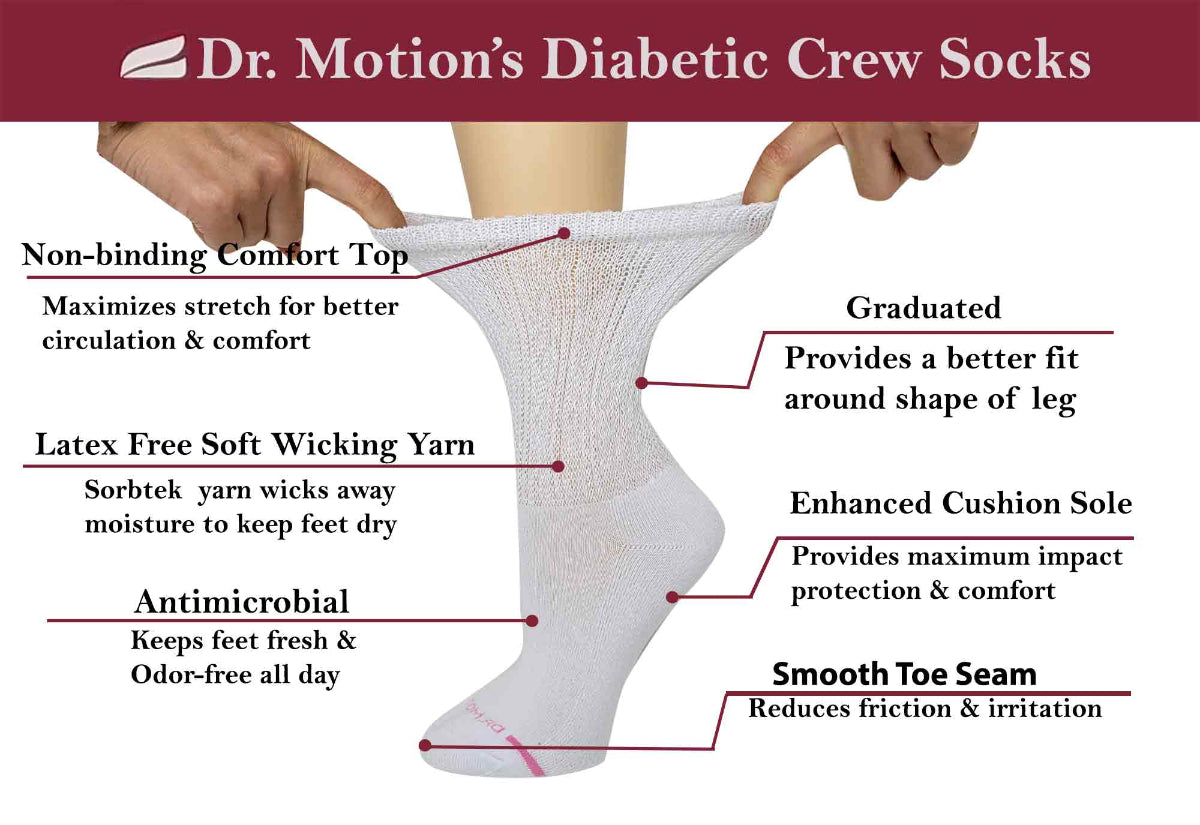 Dr. Motion women’s diabetic crew socks 6-pack with smooth toe seam and gentle compression fit