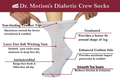 Dr. Motion women’s diabetic crew socks 6-pack with smooth toe seam and gentle compression fit