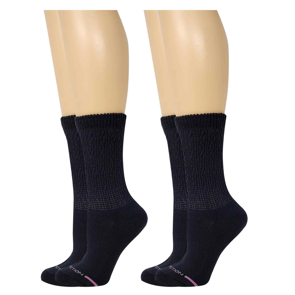 Woman wearing Dr. Motion diabetic crew socks at home for all-day comfort and circulation support