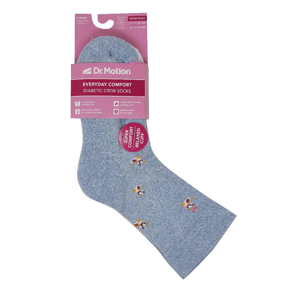 Blue ankle compression sock with cartoon characters on packaging labeled 'Dr. Motion' on a white background