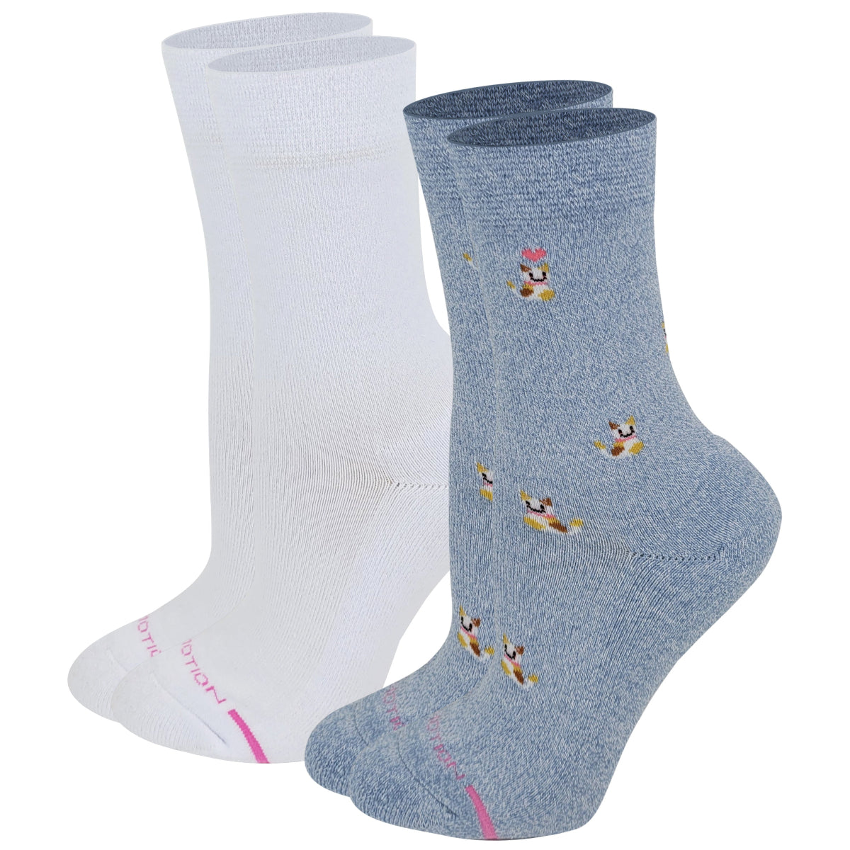 Two pairs of Dr. Motion socks, one white and one blue with cartoon designs, on a white background.