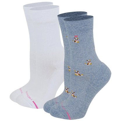 Two pairs of Dr. Motion socks, one white and one blue with cartoon designs, on a white background.