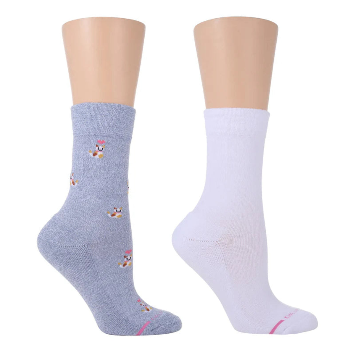 Two pairs of Dr. Motion crew  socks, one with a heart and cat design in gray color, and one plain white, on a mannequin.