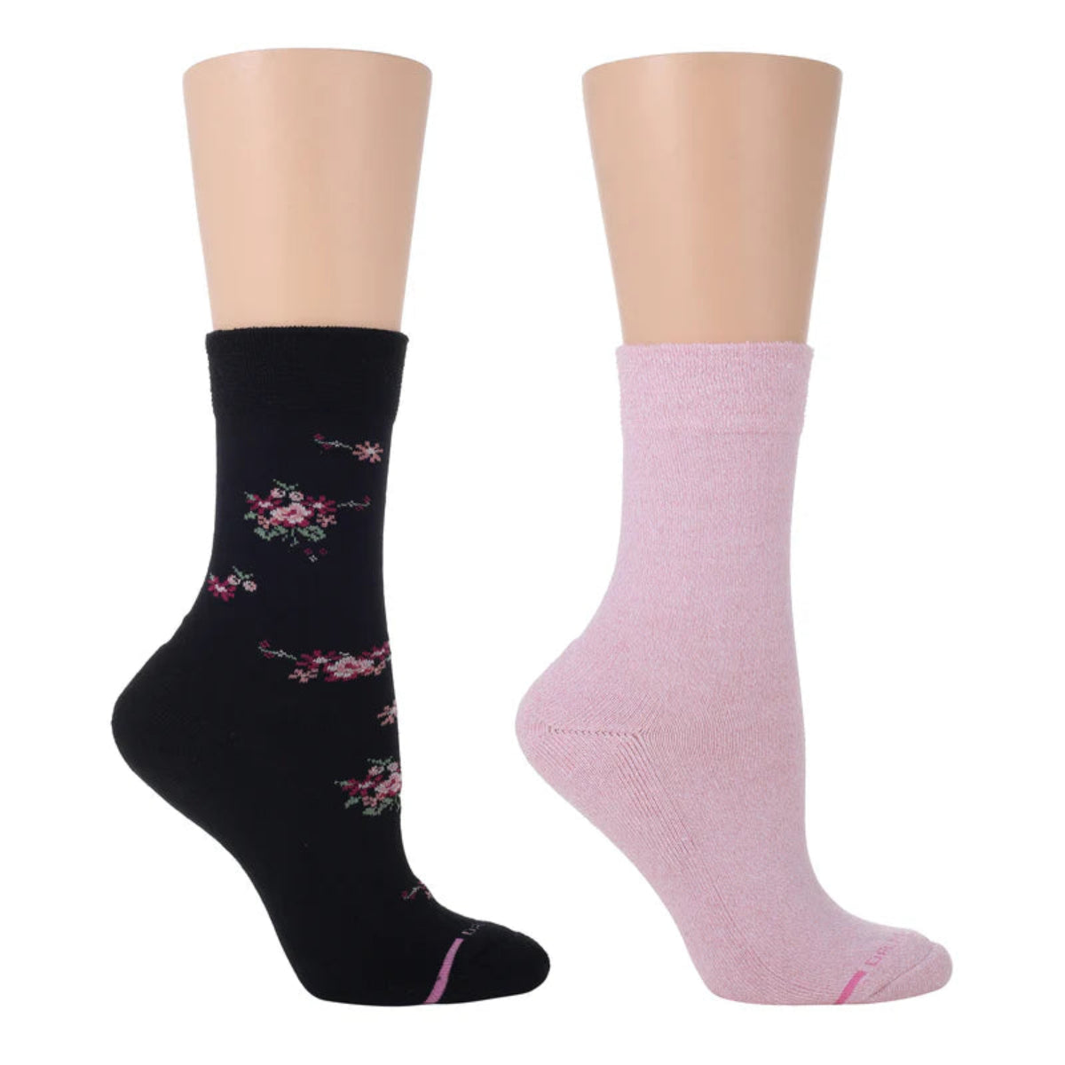 Two pairs of women's diabetic Dr. Motion socks, one in black with pink flowers and the other in pink solid color, displayed on mannequin legs.