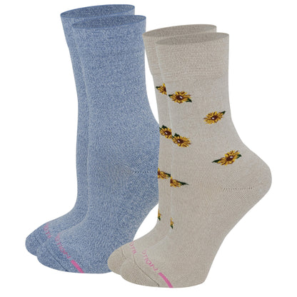 Crew Diabetic Socks for Women | Sunflowers Half-Cushion | Dr. Motion (2-Pack)