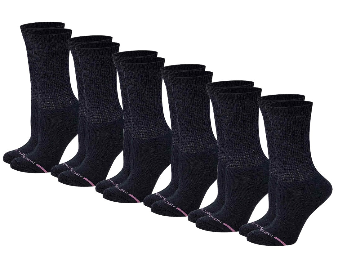 A collection of black crew diabetic socks designed for women, displayed in six pairs.