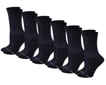 A collection of black crew diabetic socks designed for women, displayed in six pairs.