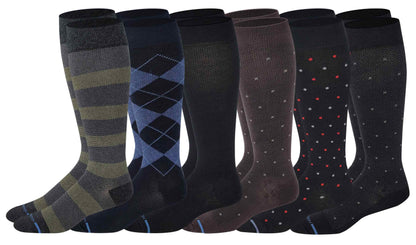 Knee-High Compression Socks | Assorted Design | Dr Motion Men's (6 Pairs)