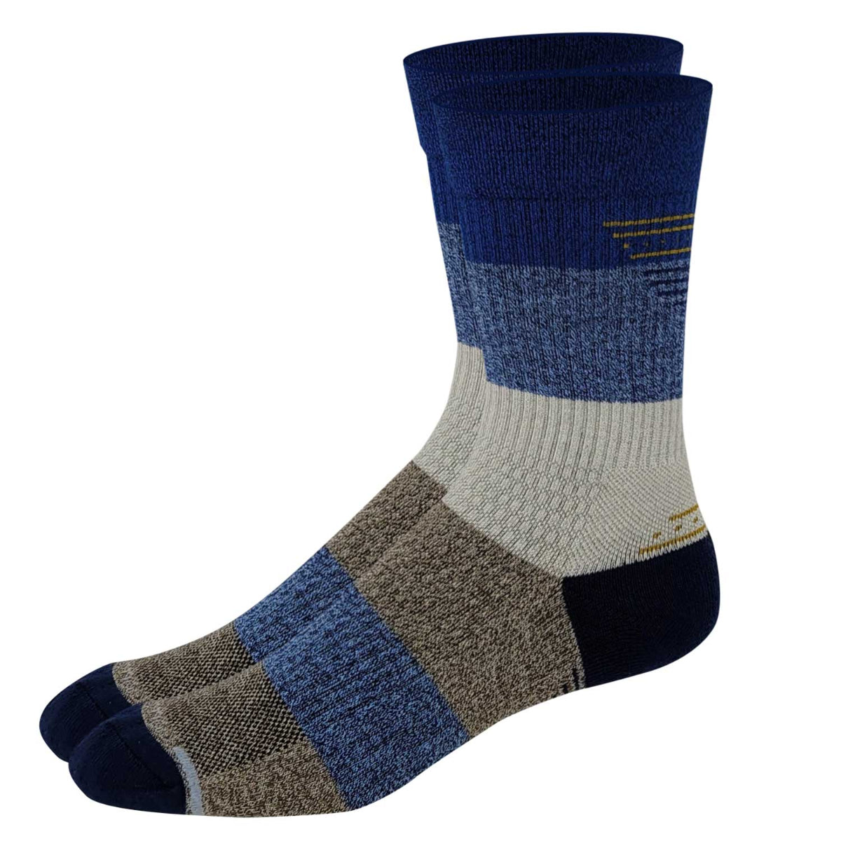 A pair of compression crew socks with a color block design in blue, gray, and brown tones.