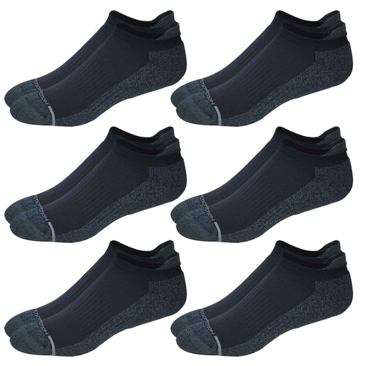 A set of six black compression ankle socks with visible cushioning and designed for everyday wear.