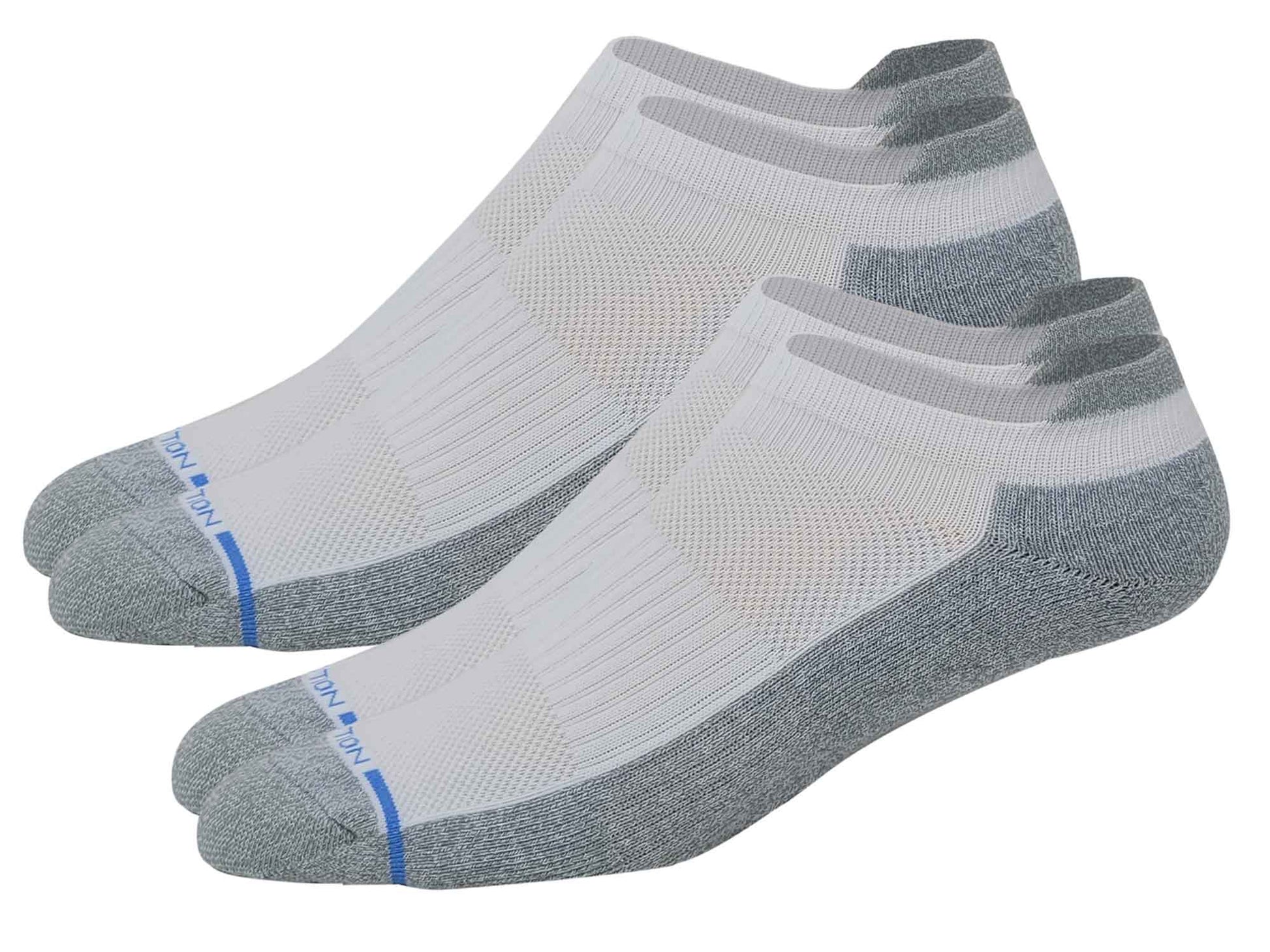 A pair of white Dr. Motion compression ankle socks with gray accents and a visible brand logo on the ankle area.
