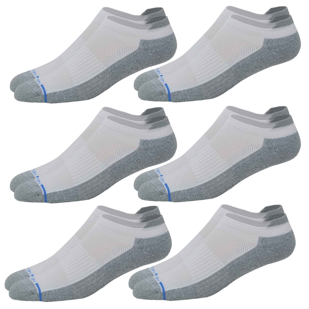 Set of six pairs of gray and white socks on a white background