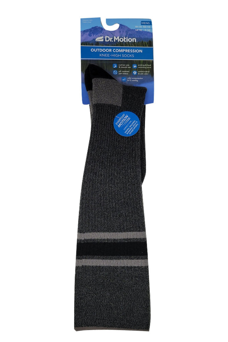Black sock with gray stripes on a white background, featuring Dr. Motion packaging.