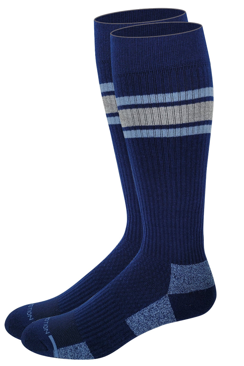 Pair of navy blue Dr. Motion knee-high socks with light gray stripes on a white background