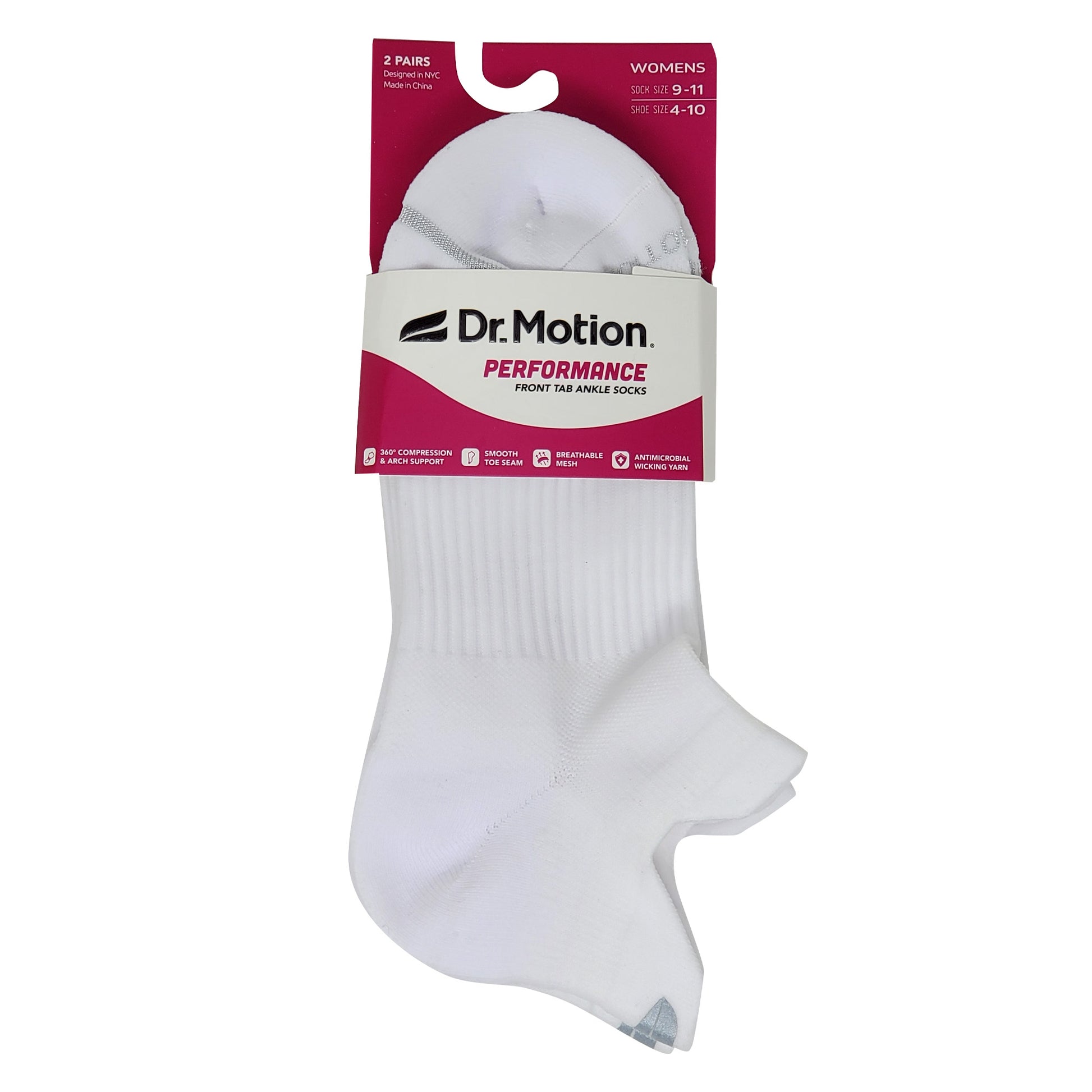 White socks with Dr. Motion packaging on a white background
