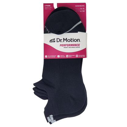 Pack of Dr. Motion performance front tab ankle compression socks on a white background