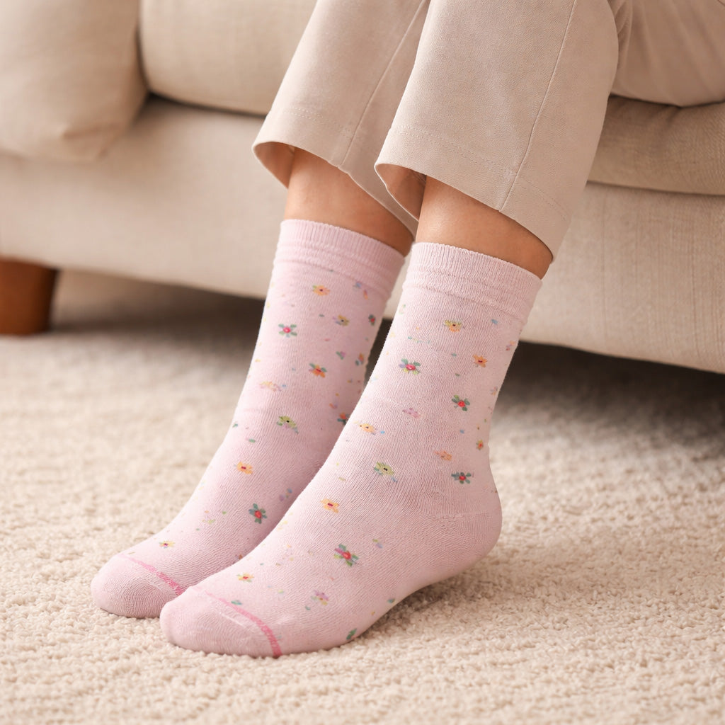 Person wearing light pink Dr. Motion everyday comfort diabetic crew socks pink