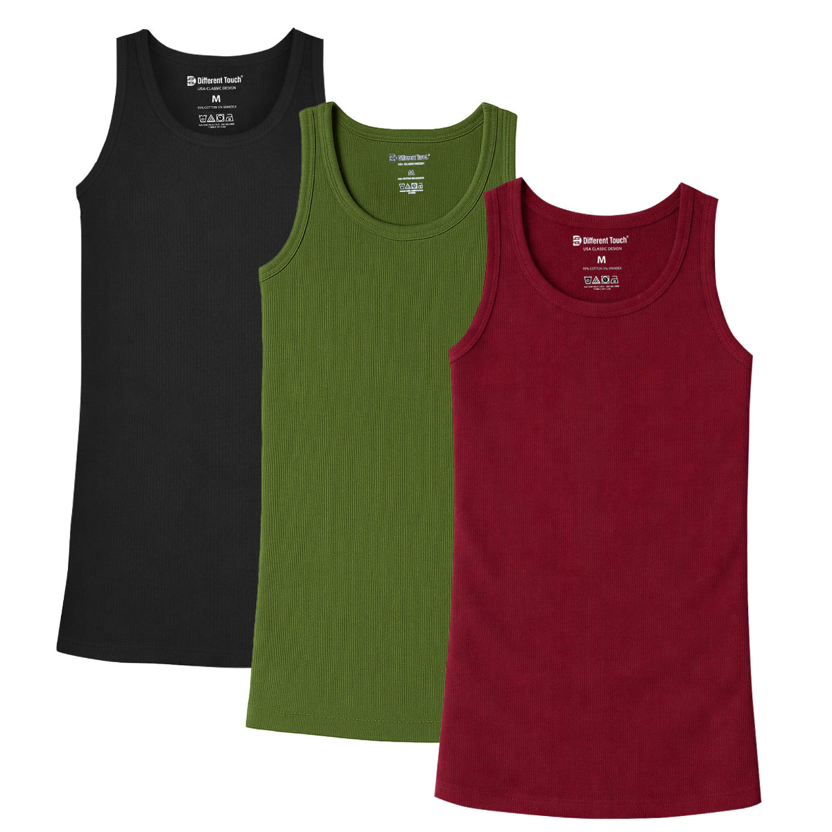 Three tank tops in black, green, and burgundy on a white background