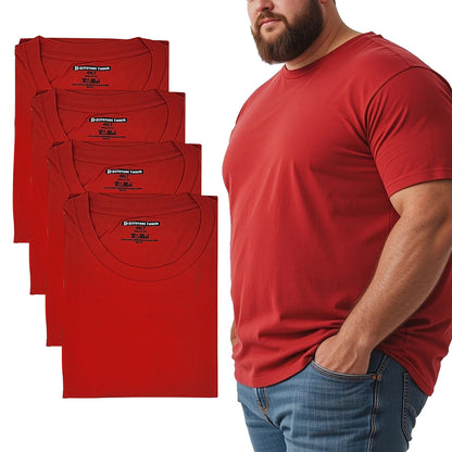 Red t-shirts with a brand logo on a white background, alongside a person wearing a Oversize red t-shirt.