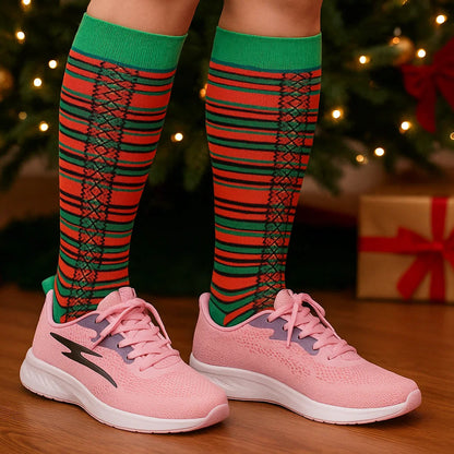 Sumona Christmas knee-high socks for women – festive red and green patterns