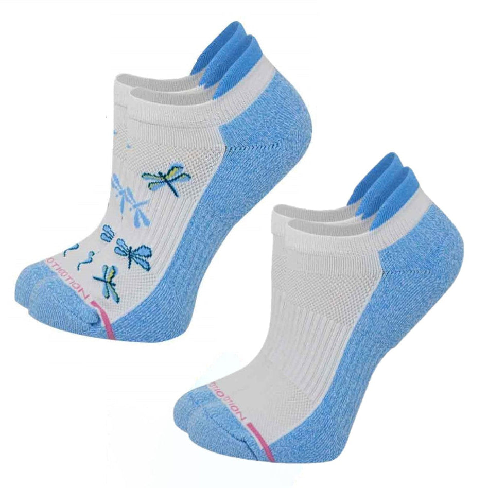 A pair of white compression socks with blue accents and dragonfly patterns, designed for women.